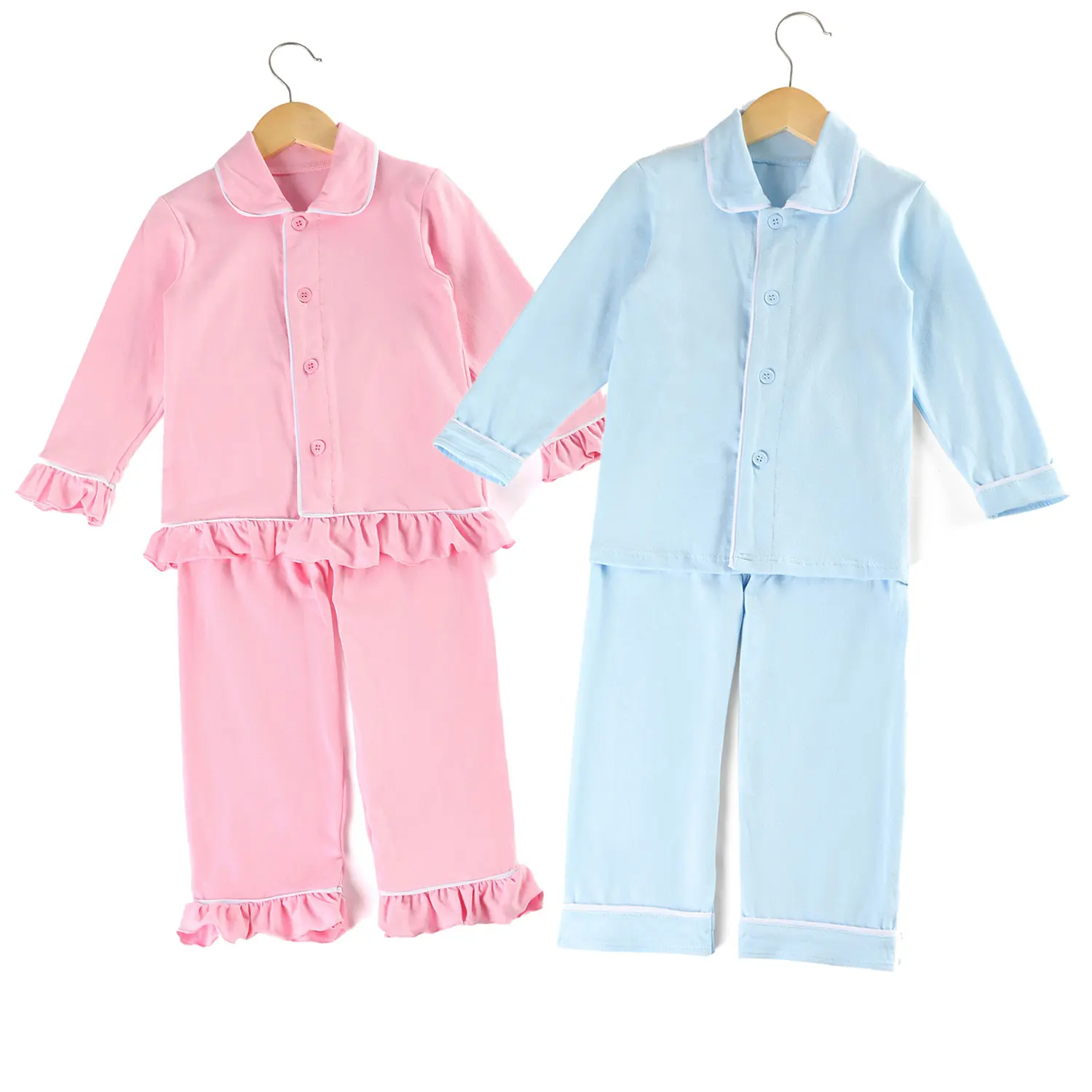 NO MOQ Christmas buffalo plaid knit cotton fabric long sleeves button with pockets kids night pyjamas