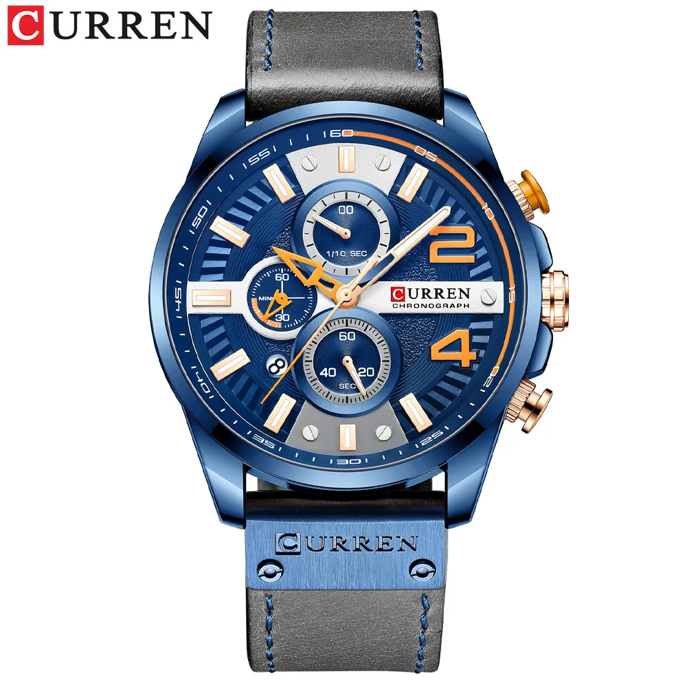 CURREN 8393 Men Casual Watch Date Chronograph 24 Hours Display Leather Strap Quartz Watch