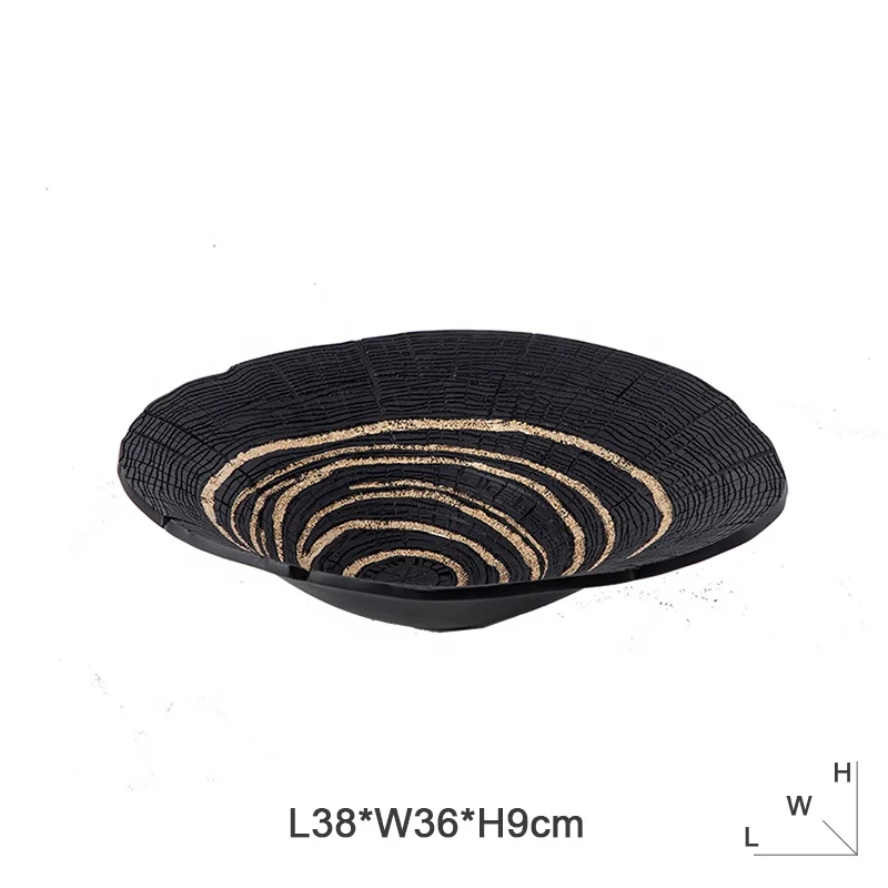 New Chinese Style Gold Stripes Black Resin Imitated Wood Grain Fruit Bowl Service Tray Interior Home Decor Ornament