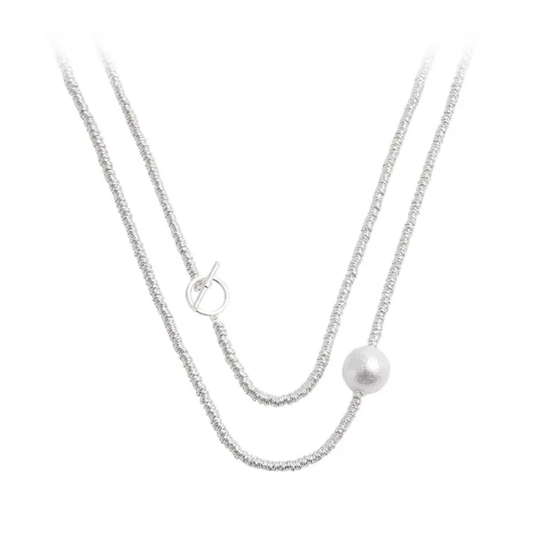 S925 Sterling Silver Double Layer Necklace for Ladies Long Beaded Loop Chain OT Button Swarovski Beaded Silver Jewelry Findings