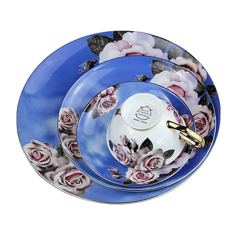 fancy 4 pcs wholesale new design blue decal making luxury dinnerware sets blue white  porcelain dinner set