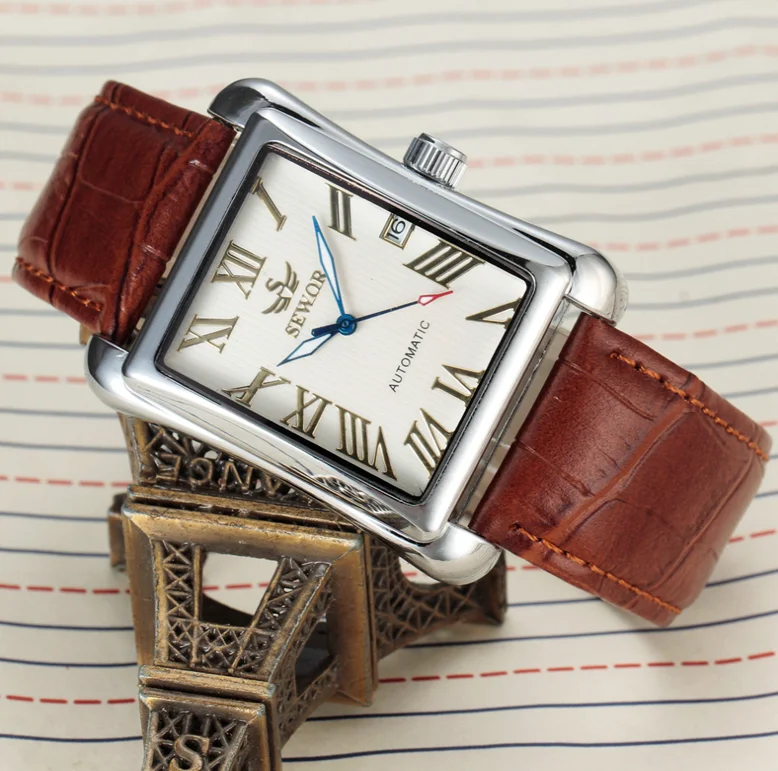 New SEWOR Top Brand Luxury Rectangular Men Watches Automatic Mechanical Watch Roman Display Antique Clock Relogio Wrist Watch