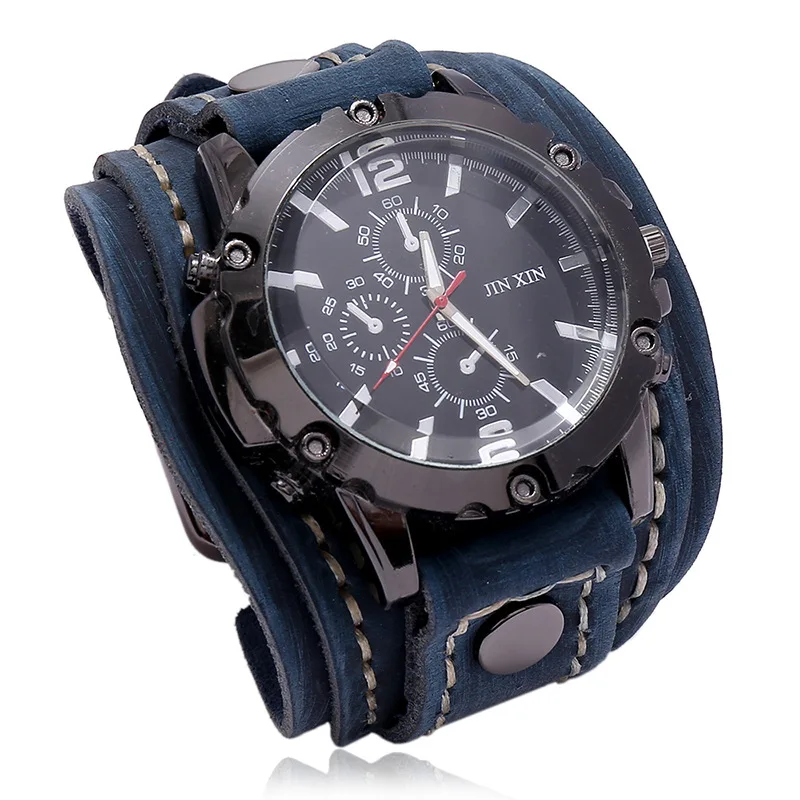 New Vintage Retro Punk Leather Quartz Watch for Men hip hop jewelry Pu leather bracelet Band Round Pointer Quartz Watch