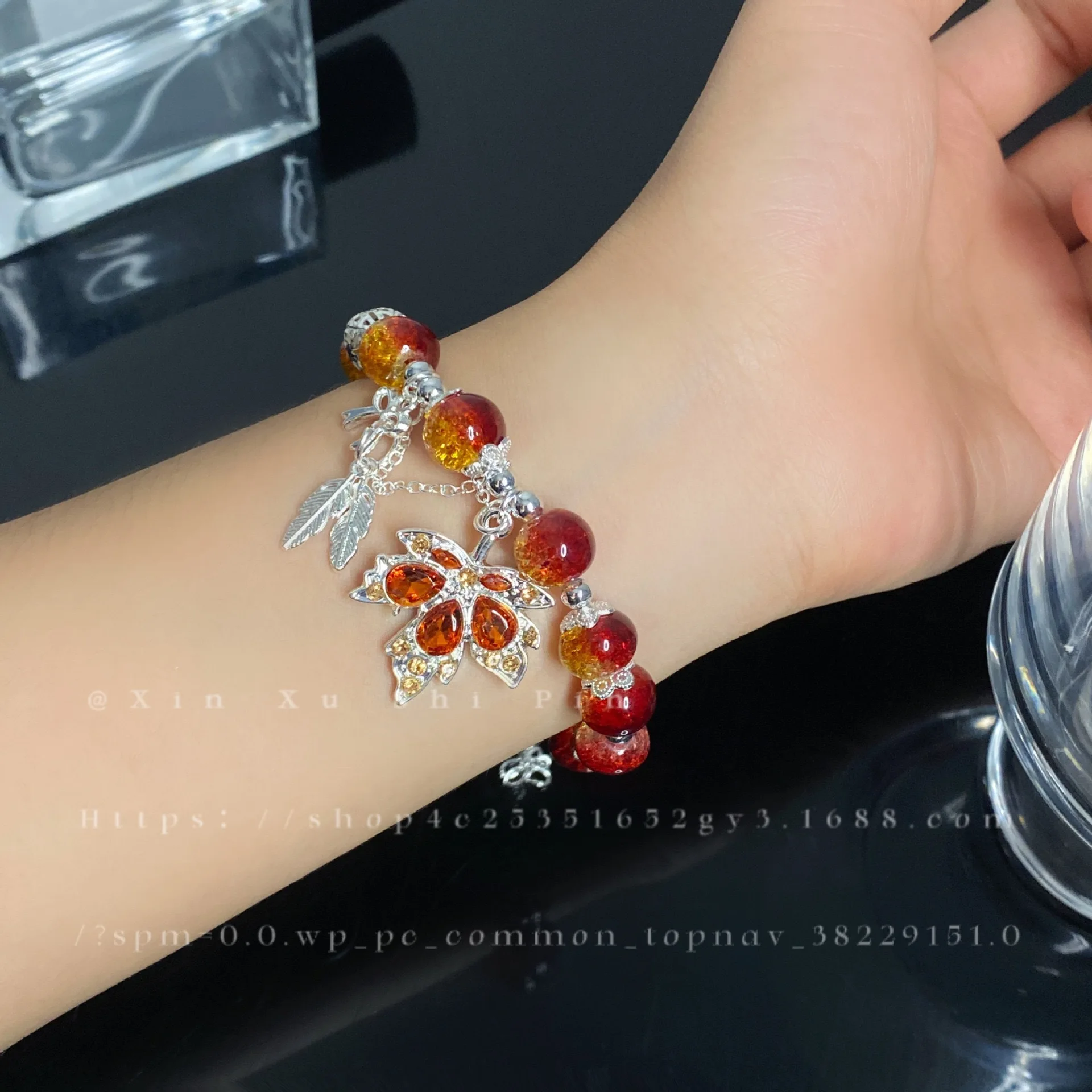 Imitation Jade Beaded Red Maple Leaf Charm Bracelet for Women Chinese Style Red Agate Beads Bracelet Women Hand Jewelry