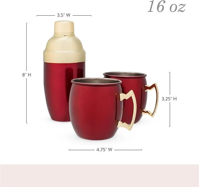 Red Moscow Mule Mug and Cocktail Shaker Gift Set Holiday Bar Gift Mule Moscow Mug Red Stainless Steel