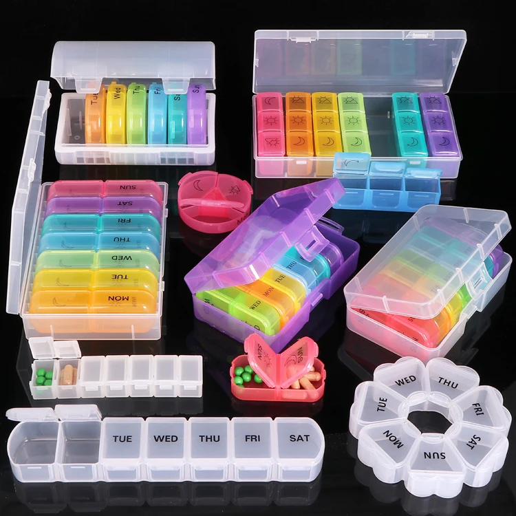 Yuzmei 7Day Pill Planner Organizer 28 Compartment Portable Case Plastic Capsule Case Pill Dispenser Medicine Cutter Crusher Box