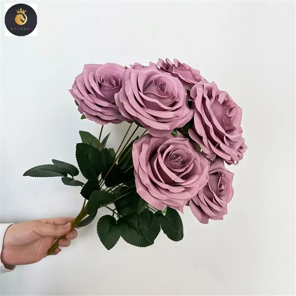 EV Wholesale 9 Head Romantic Colorful Autumn Roses Bunch of Artificial Flowers Real Touch for Wedding Decor