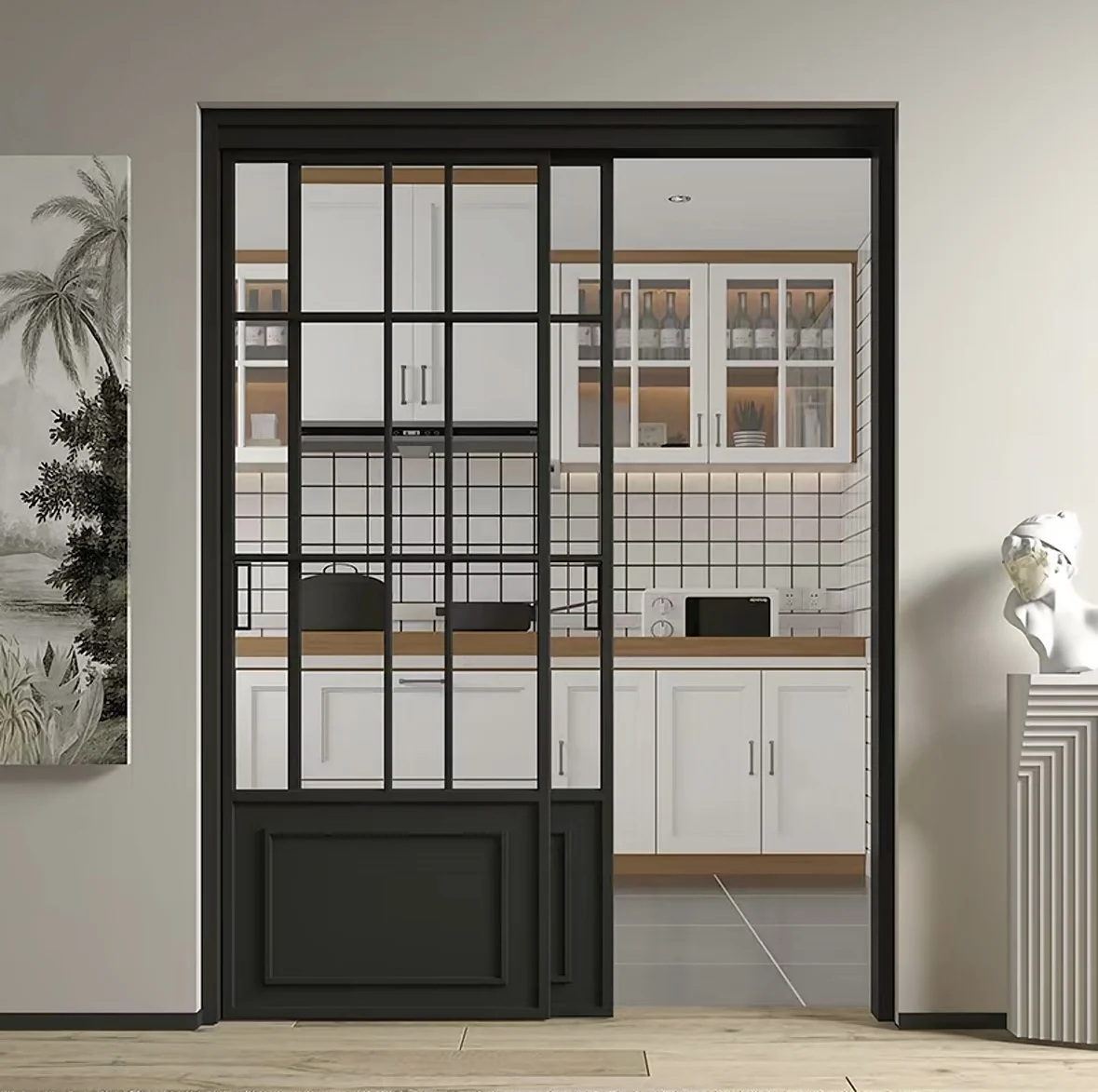 Retractable Aluminum Metal Gate Anti-Throttle Kitchen Sliding Door for Outdoor Use Manual Control Opening Pattern Glass Door