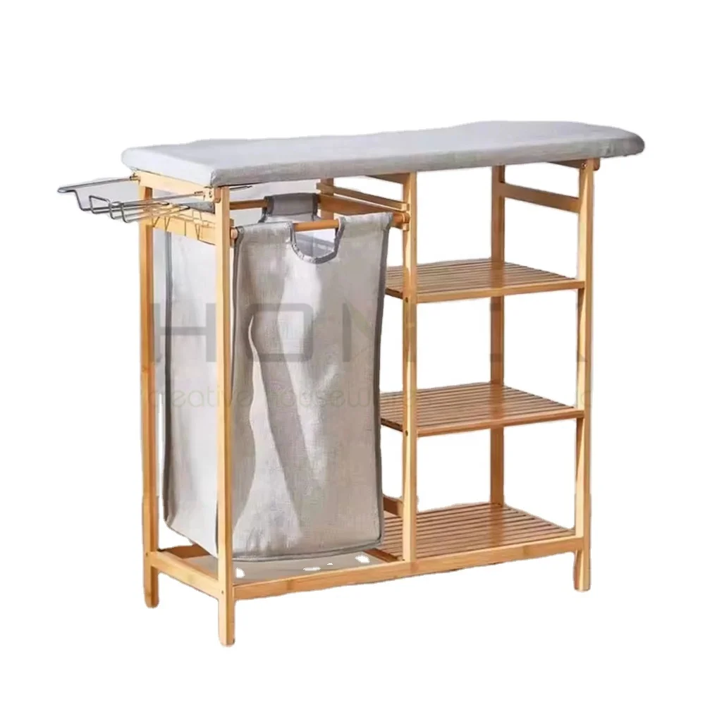 Laundry Storage Bamboo Washing Laundry Basket 2-Sort Laundry Basket with Wheels and Ironing Board