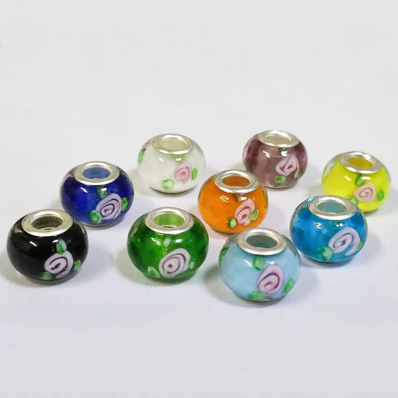 Lampwork Large Hole Silver Foil 12mm Glass Loose Beads DIY Jewelry with Mixed Color Glass Inner Flower Beads
