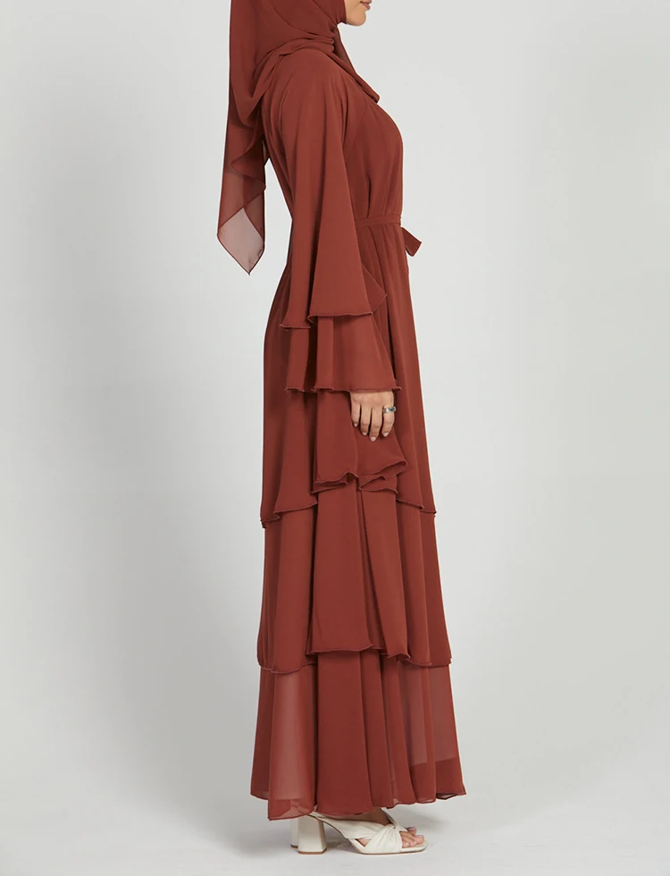 New Arrival Wear Muslim Dress Open Abaya With Inner Dress Solid Chiffon Islamic Brown Luxury Clothing Women Dress