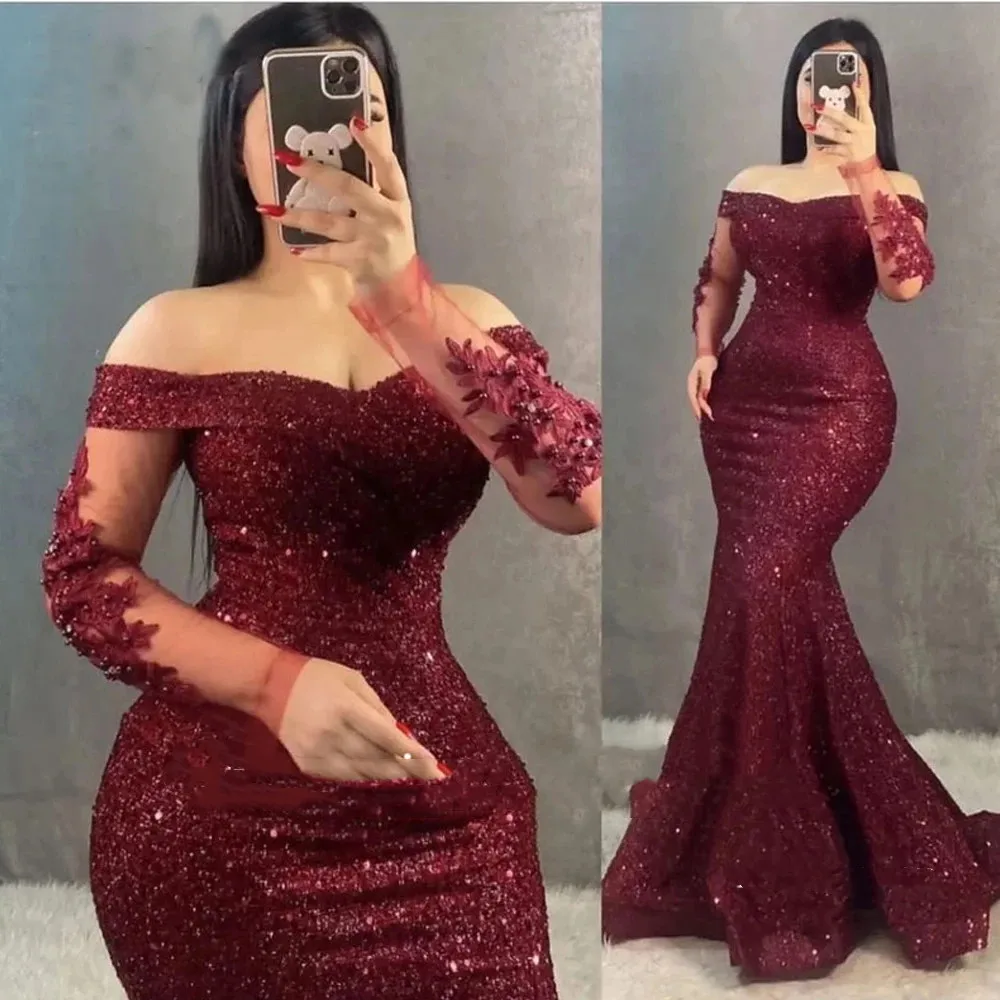 Glitter Sequins Mermaid Black Evening Dresses Off The Shoulder Long Sleeves 2024 Green Women Formal Night Party Gowns MP508
