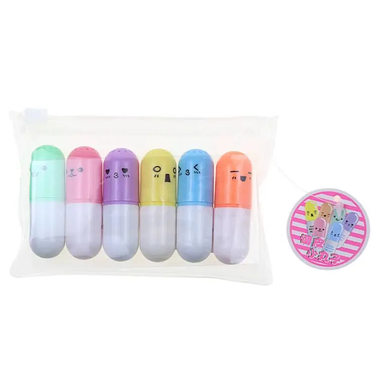 BECOL Wholesale Children Art Pill Shape Highlighter Marker Pen Multi Colored Cute Mini Highlighter Pen Set for Kids