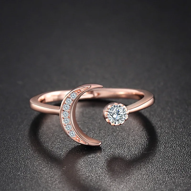 Wholesale Sterling Silver 925 Simple temperament Finger Ring  shiny crystal ring Moon and Sun  Adjustable for woman jewelry