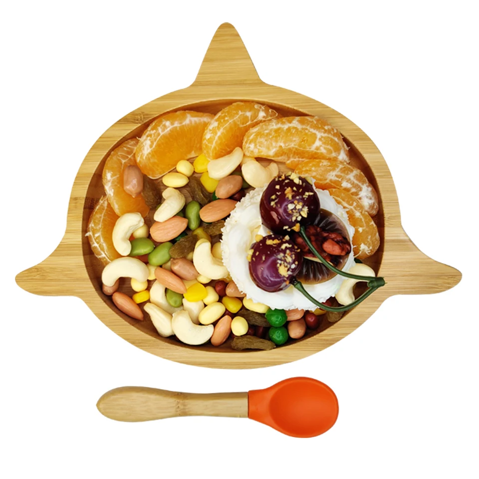 
Cartoon baby learn to eat | children fall-proof suction cup | shark bamboo baby plate 