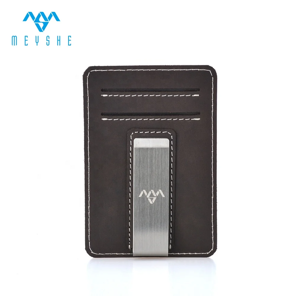 Factory Custom Brown Crazy Horse Luxury Engraved Slim Money Clip Cardholder For Men