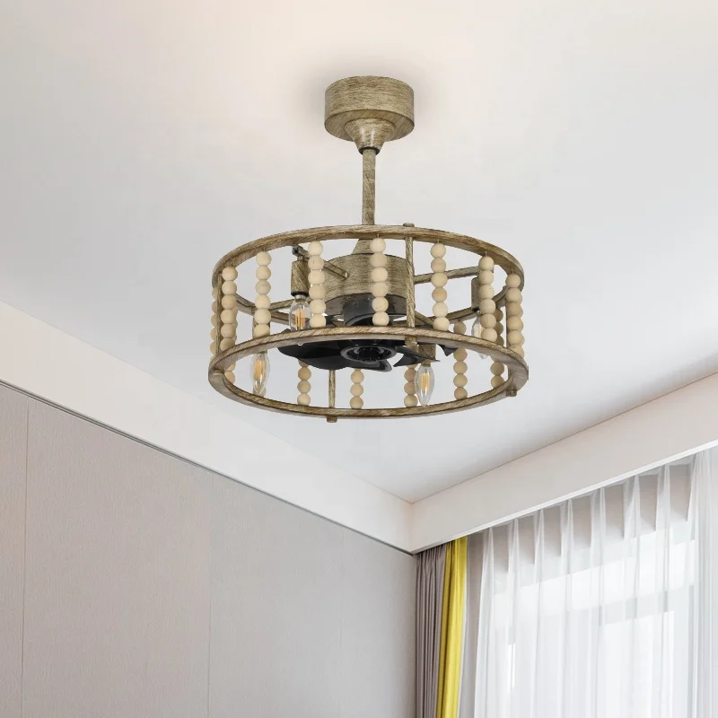 New modern Boho Ceiling Fan with Lights and Remote Caged Wood Bead Flush Mount Ventilador De techo LED Ceiling Fan Chandelier