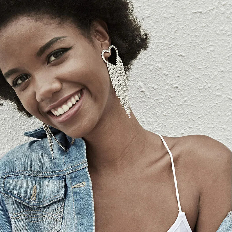 
fashion big long crystal heart earrings for wedding African luxury full diamond rhinestone tassel dangle statement earrings 