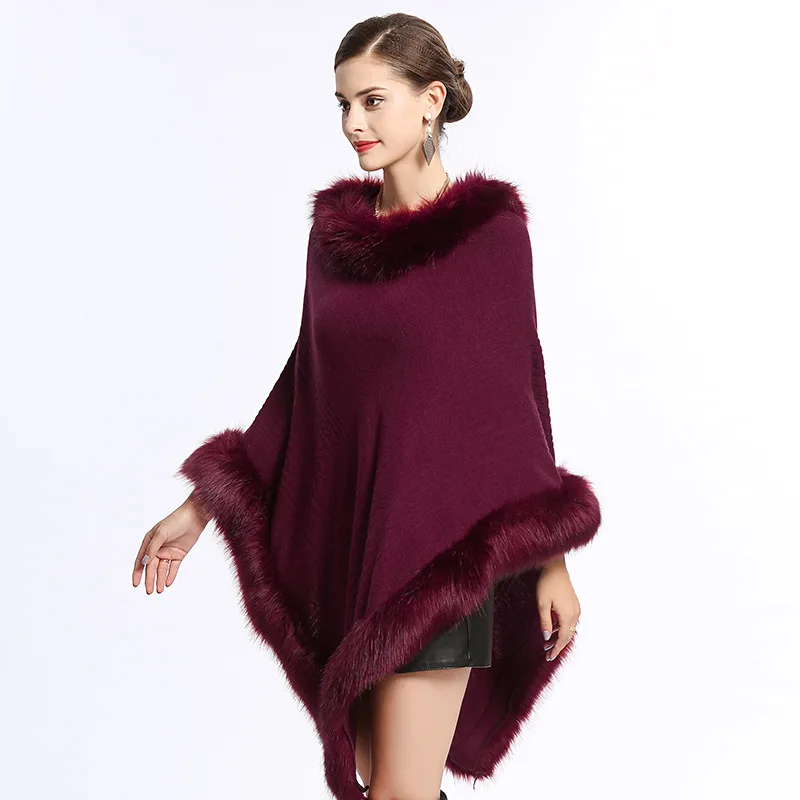 Women knitted poncho adult blanket scarf faux fur cape shawl winter wholesale mexican ponchos 2022