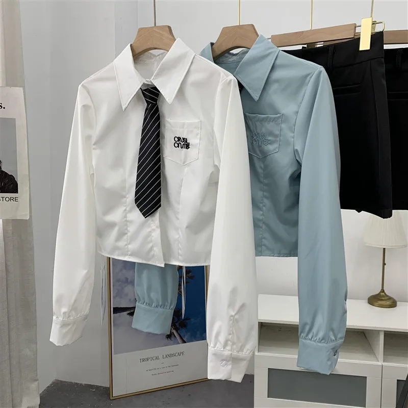 Girls Stylish Formal Preppy Shirts Kids Embroidered Pocket School Uniform Solid Long Sleeve Blouse Custom Tie