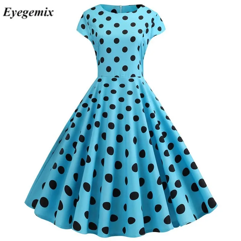 Summer Short Sleeve Polka Dot Elegant Work Office Casual Print A-line Womens 50s 60s Vintage Elegant Dresses