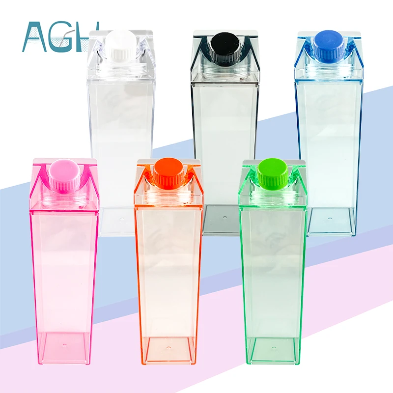 AGH 500ml 1000ml Cute Milk Bottle Plastic Clear Transparent Colored Cartoon Acrylic Plain Juice Milk Box Shaped Water Bottle