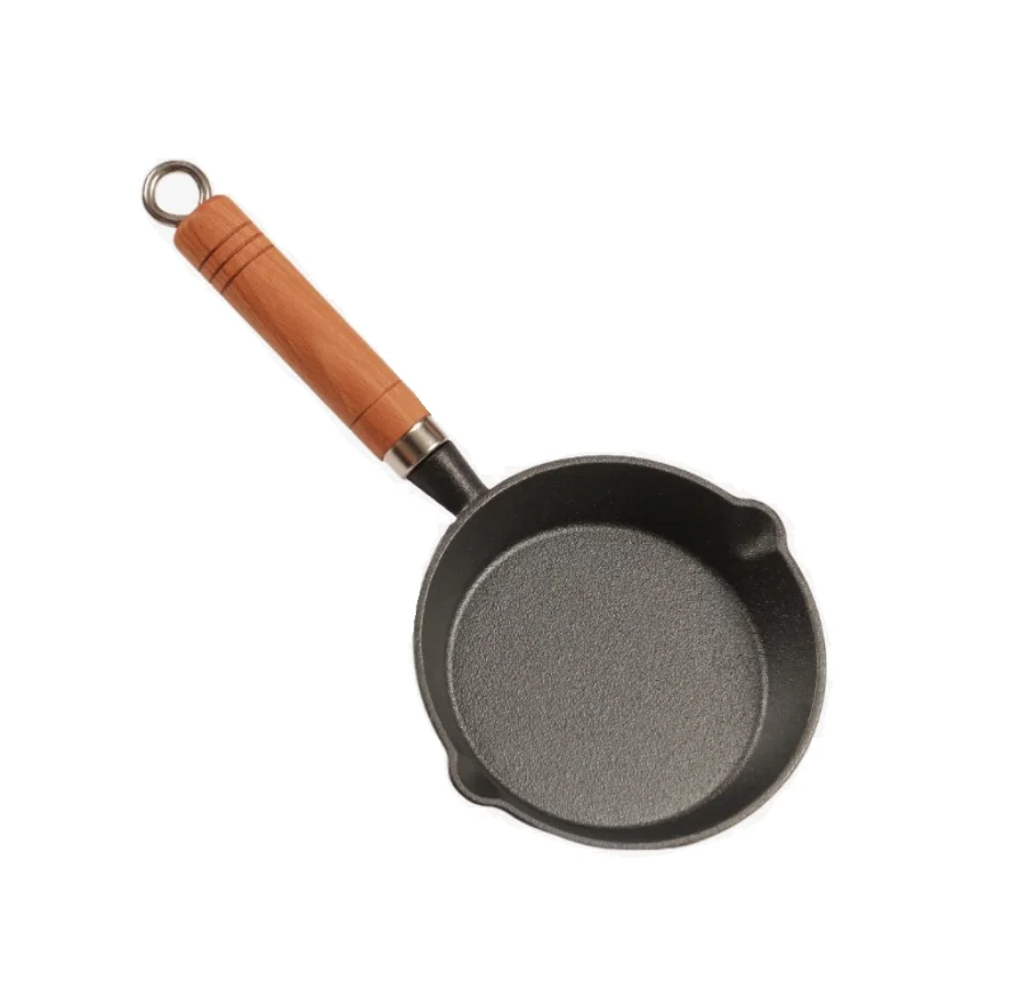 Hot Selling Small Creative wooden handle Non stick  Cast Iron pan  Mini Frying Pan