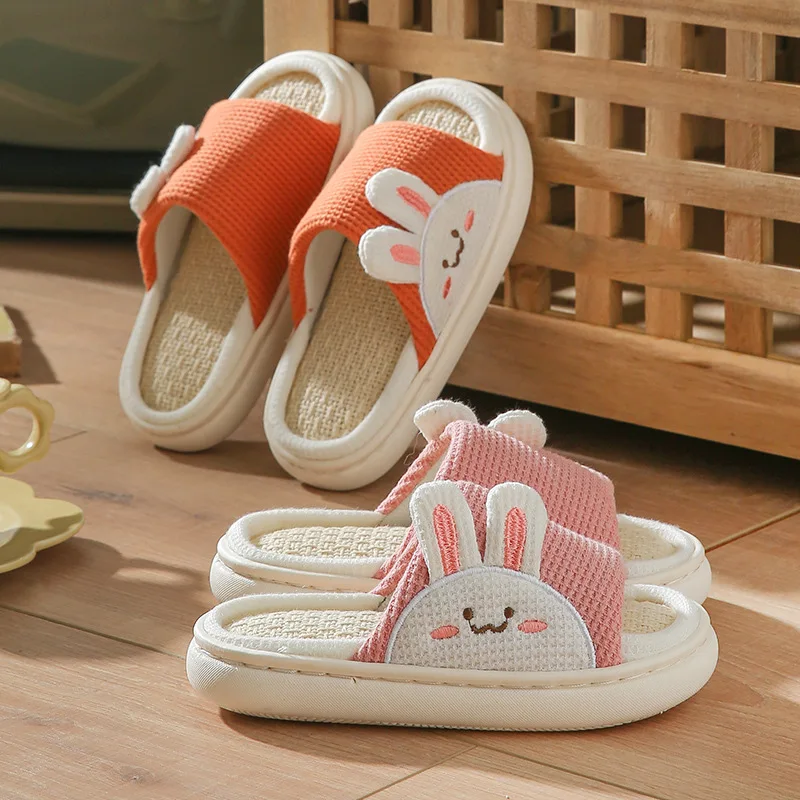 2022 Cartoon Bear Rabbit Linen Slippers For Children Floor Indoor Summer Shoes Cotton Mute Home  Non-slip Slides Slippers