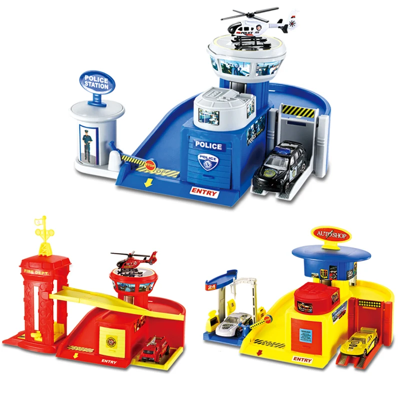 KSF Kids Pretend Play Game Police Fire Garage Shop Auto Parking Lot Diecast Police Station Toy Diecast Toy Alloy Vehicle