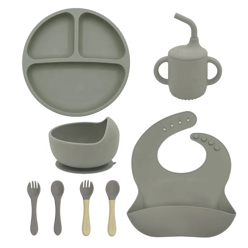 Wholesale BPA Free Silicone Kids Tableware 8pcs Set Infant Complementary Feeding Tool Baby Tableware Sets