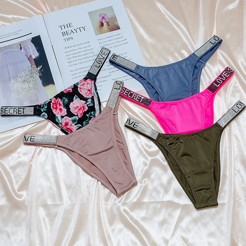 Letter underwear fashion Sexy wear plus size g-string briefs rhinestone panties underwear teen girls nylon fast dry green thongs