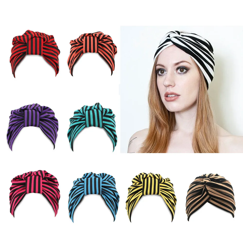 
Q636 Stretchy Black Striped Turban Head Wrap Band Sleep Hat Chemo Bandana Hijab Pleated Indian Cap Other Hats  (62351597443)