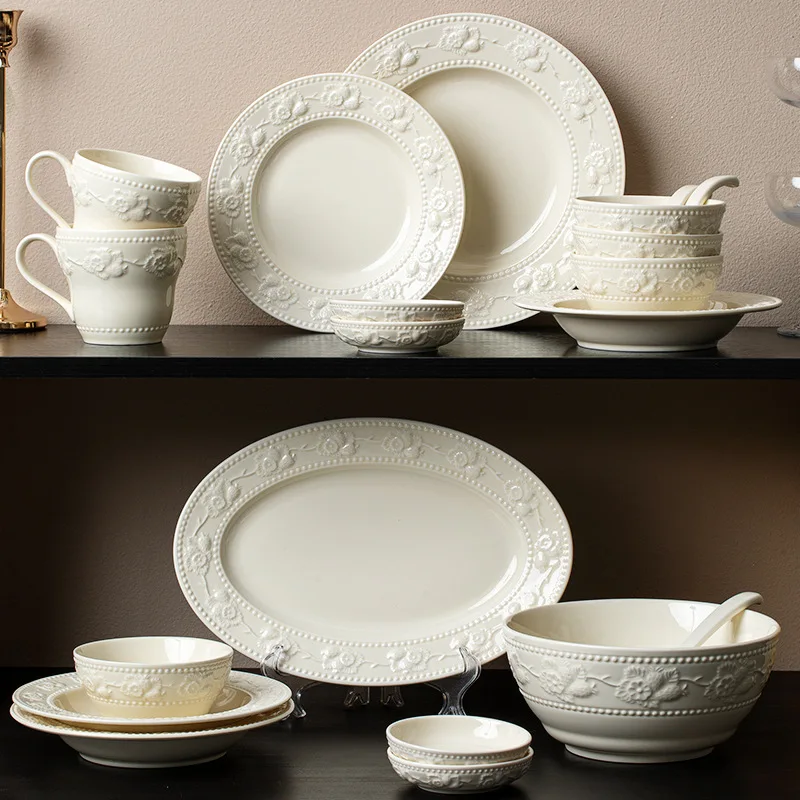 Embossed Cream Style Ceramic Dishware Set High-Grade Good-Looking Tableware Home Restaurant Elegant Weddings Housewarmings