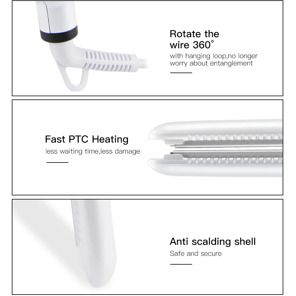 PRITECH 360 Swivel Hair Straightener Power Cord PTC Heating Super Fast Flat Iron Professional Titanium LED Electric White 30-35W