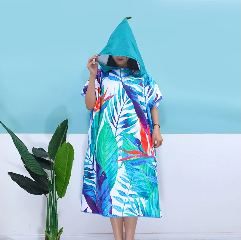 Custom Microfiber printed adults hooded towel surf poncho changing robe swimming pool change beach surf poncho towel