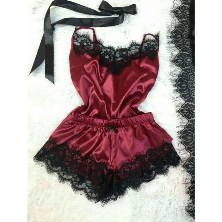 S9034 Hot Woman Sleepwear Spaghetti Strap Satin Silk Two Piece Nightwear Chemise Femme Cami Short Lace Pajamas Set