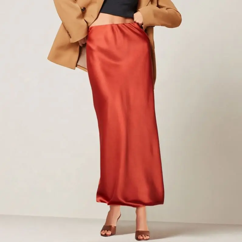 OEM61 Apparel Garment Factory Manufacturer Custom Design  High Waist Midi Long Elegant Skirts Silk Satin Skirts For Women