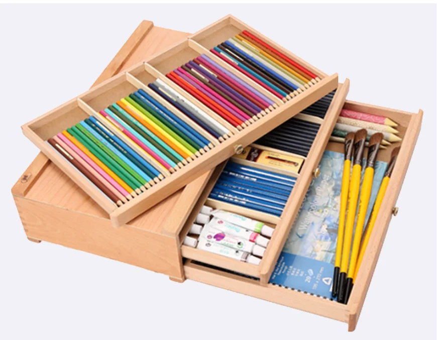 4 Drawer Wooden Artist Storage Supply Box for Pastels, Pencils, Pens, Markers, Brushes and Tools