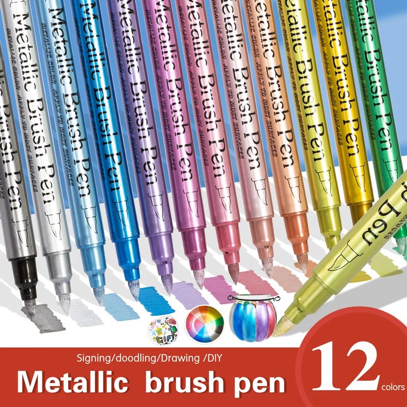 Metallic Colors Dual Tips Marker Pen, Brush and Fine Tips 12 Metal Colors