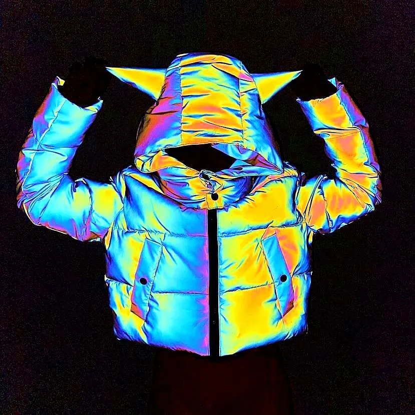 Stylish designs custom puffer jacket vis black rainbow reflective overcoat cotton down padded puffer jackets with devil horns