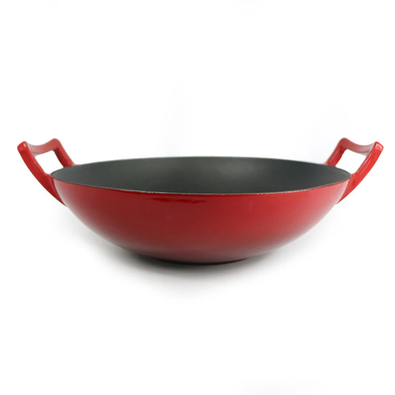 Оптовая продажа, чугунный японский вок с двойной ручкой из красной эмали