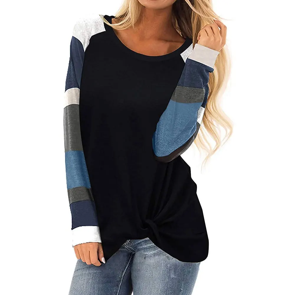 FanLi 2021 Fashion Color Block Shirts Long Sleeves Crewneck Sweatshirt Black Pullover Top Blouse
