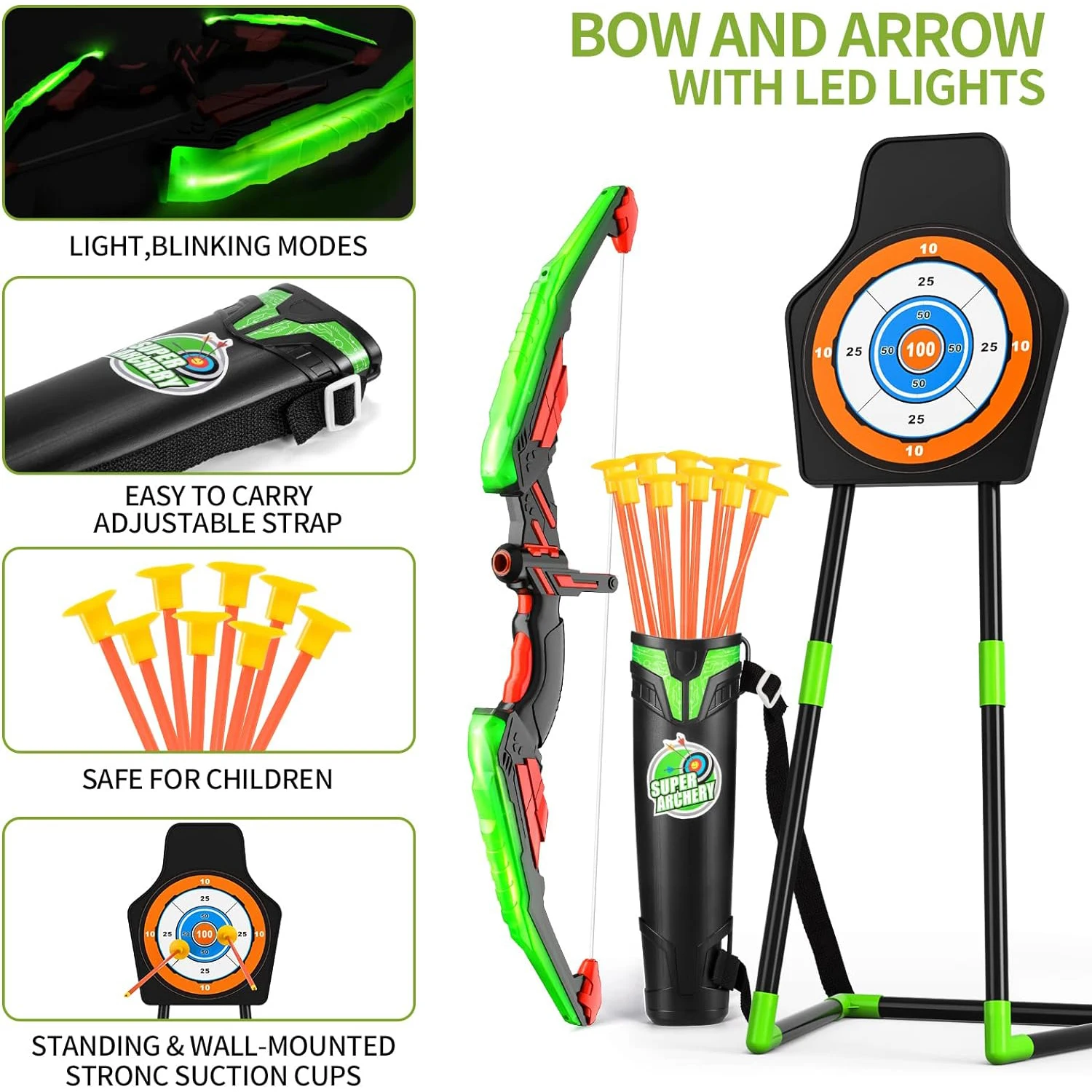 Toy Bow and Arrow  Archery LED Light Up Girls Boys Toy Set For Kids with 10 Suction Cup Arrows and Target Indoor Outdoor Toys