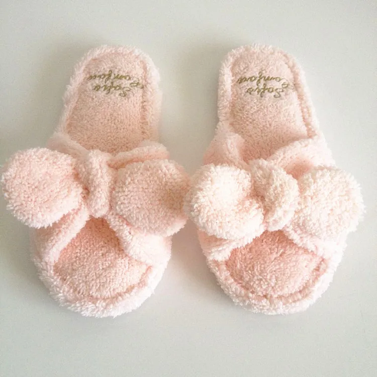 New Coral Fleece Women Winter Thick Fleece Slippers Fashion Bow Leisure Soft Slippers Wear At Home For Winter Warm