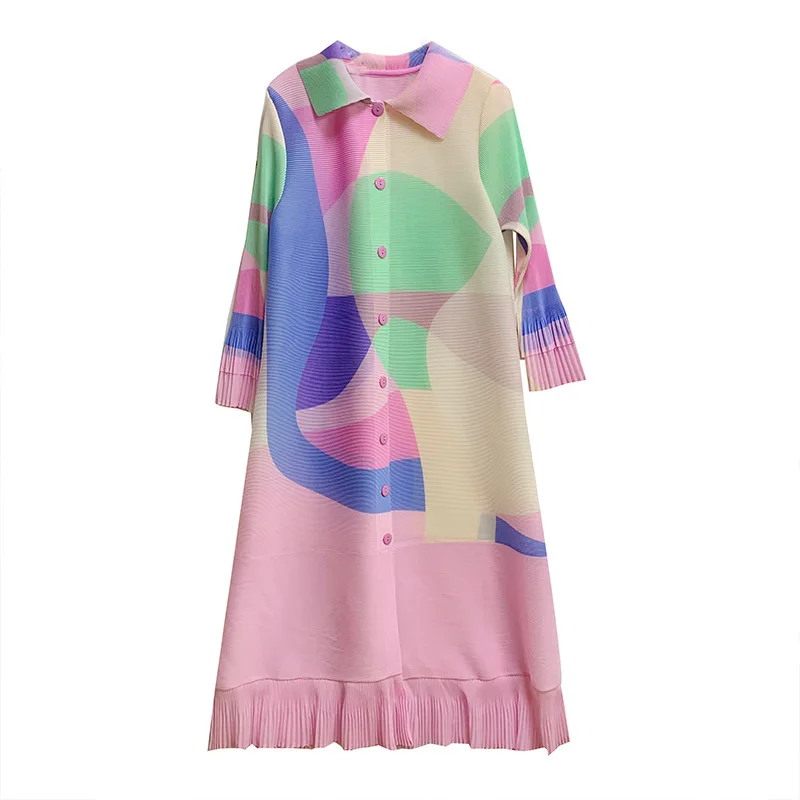 Hot Selling Women Dress 2024 Elegant Pleated Indian Shirt Casual Dress Plus Size Long Abaya Muslim Cardigan Printed Midi Dress