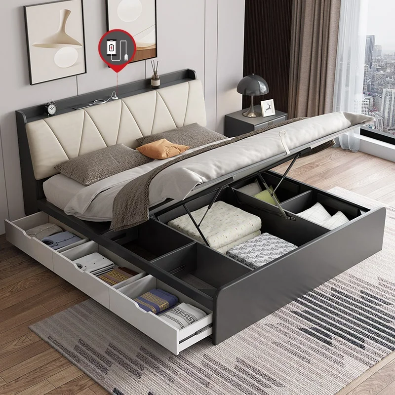 Hot Sale  Bedroom Furniture Storage Bedside Lift Up Double Size Storage Wood Bed