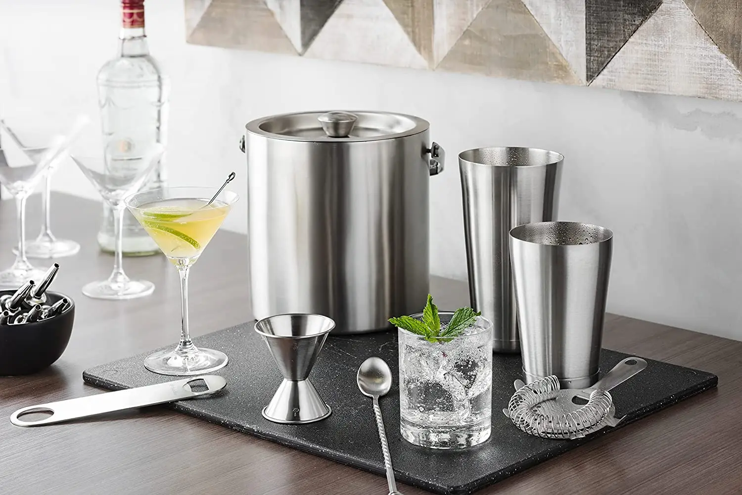 Double Wall Stainless Steel Insulated Ice Bucket With Lid and Ice Tongs 3 Liter Included Strainer Keeps Ice Cold  Dry