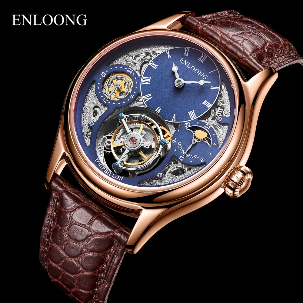ENLOONG  Private Label Gold GMT Luxury Moon Phase Antique Skeleton Tourbillon Mechanical Watch