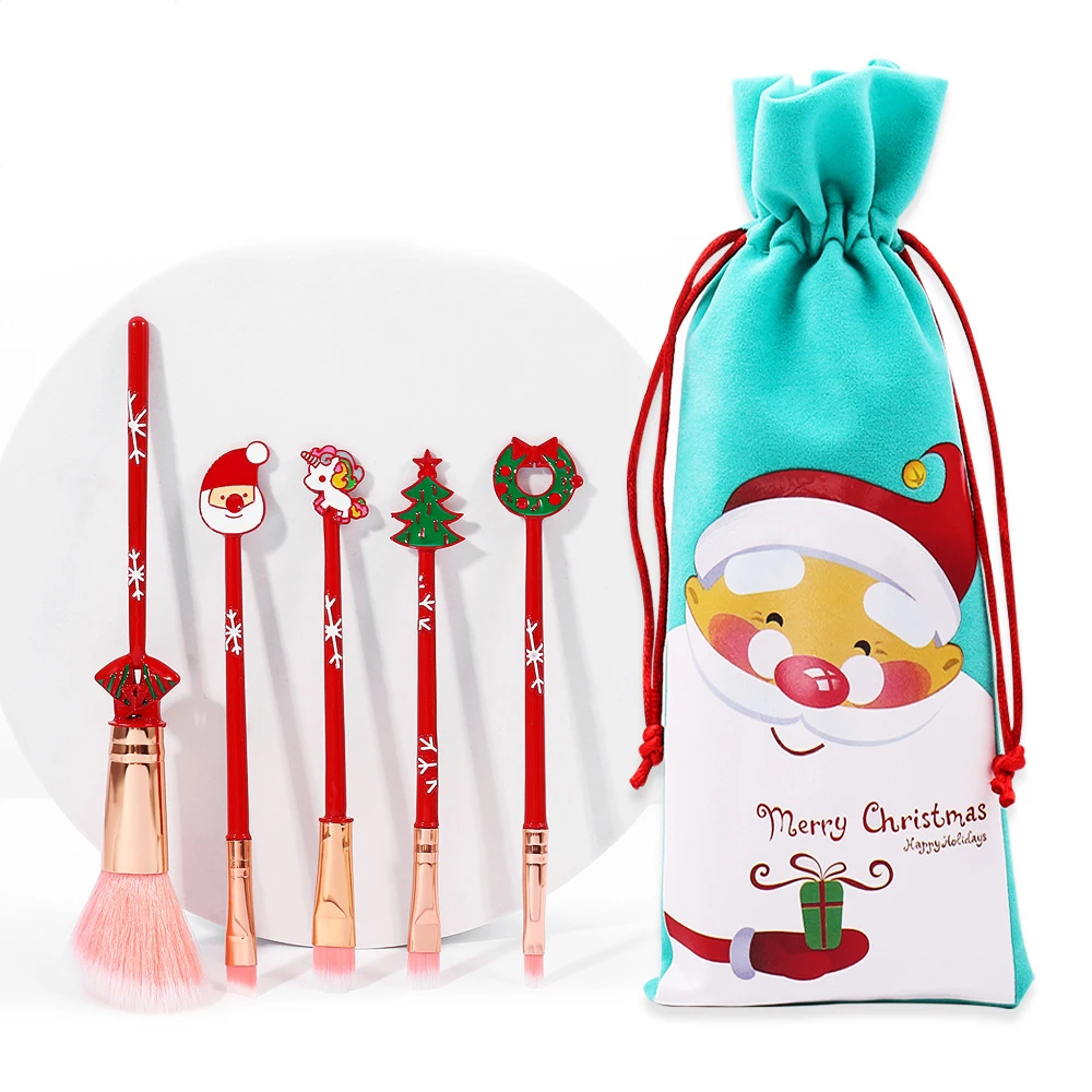 Christmas Makeup Set Makeup Brush Set Elk Cute Carrying Mini The Old Man Professional Private Label 5 Pcs Face Makeup Plastic