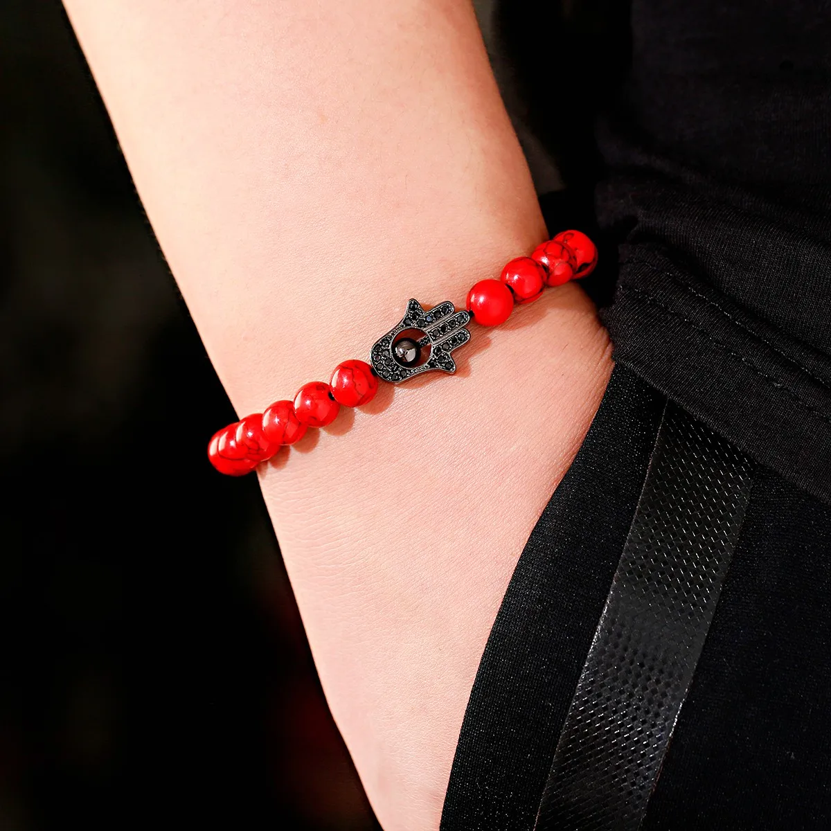 Fashion Black Hamsa Fatima Hand Evil Eye Beaded Bracelets 8mm Red Turquoise Adjustable Bracelets Wholesale